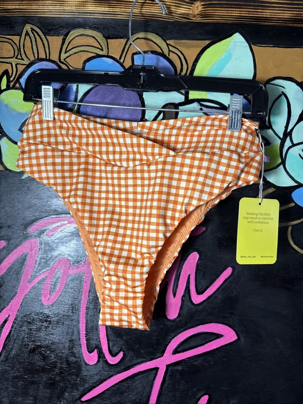 Kitty And Vibe Gingham Checkered Crossover Bikini Bottoms, L1, Large, Orange